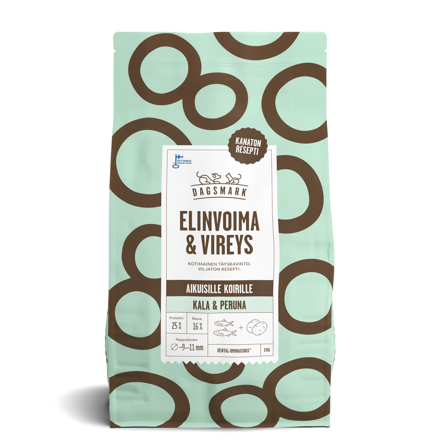 Uusi Dagsmark Elinvoima & Vireys viljaton kala koiran kuivaruoka 2 kg