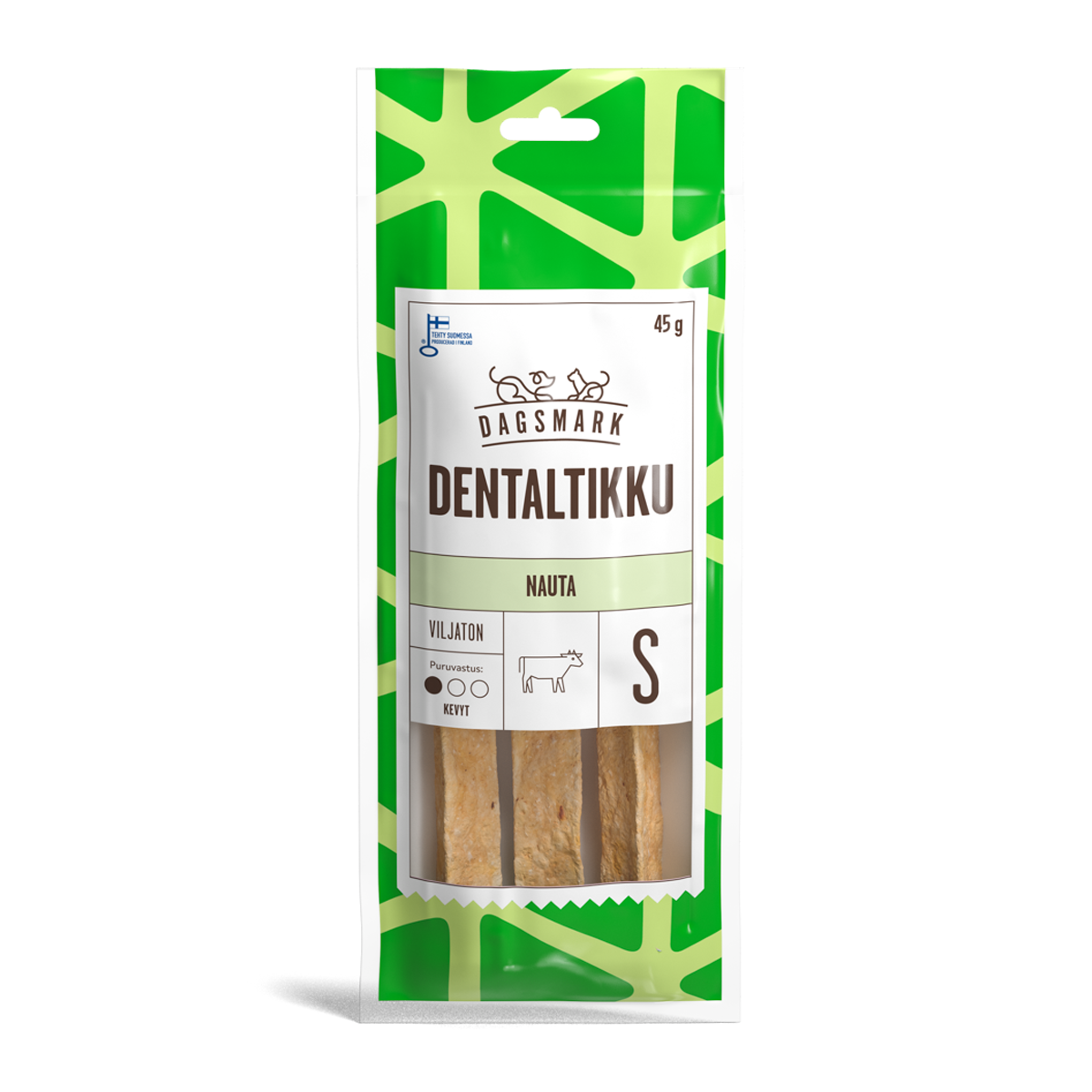 Dagsmark Dentaltikku nauta S tuotteen uusi pakkaus.