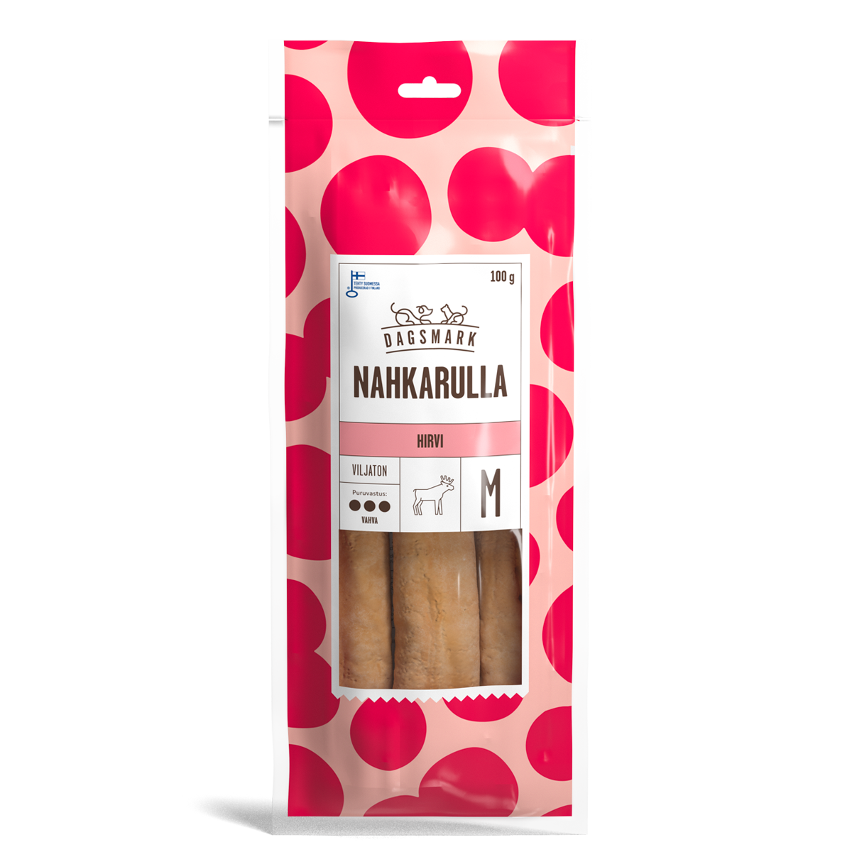 Dagsmark Nahkarulla hirvi M tuotteen uusi pakkaus.