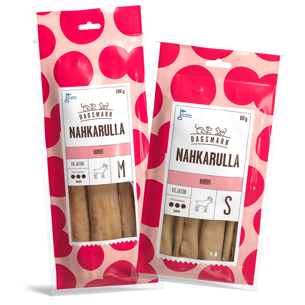 Dagsmark Nahkarulla hirvi M ja S tuotteiden uudet pakkaukset.