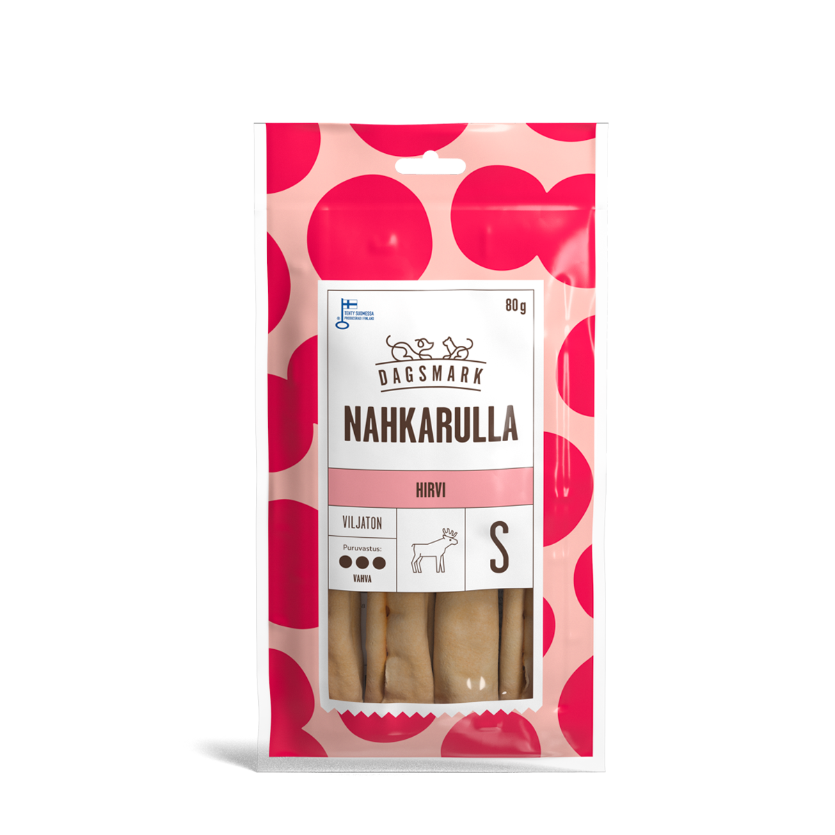 Dagsmark Nahkarulla hirvi S tuotteen uusi pakkaus.
