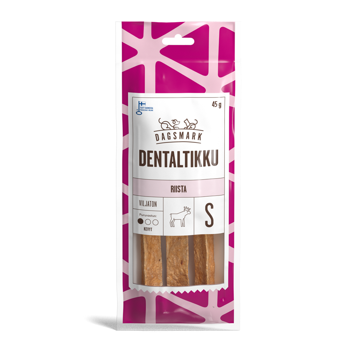 Dagsmark Dentaltikku riista S tuotteen uusi pakkaus.