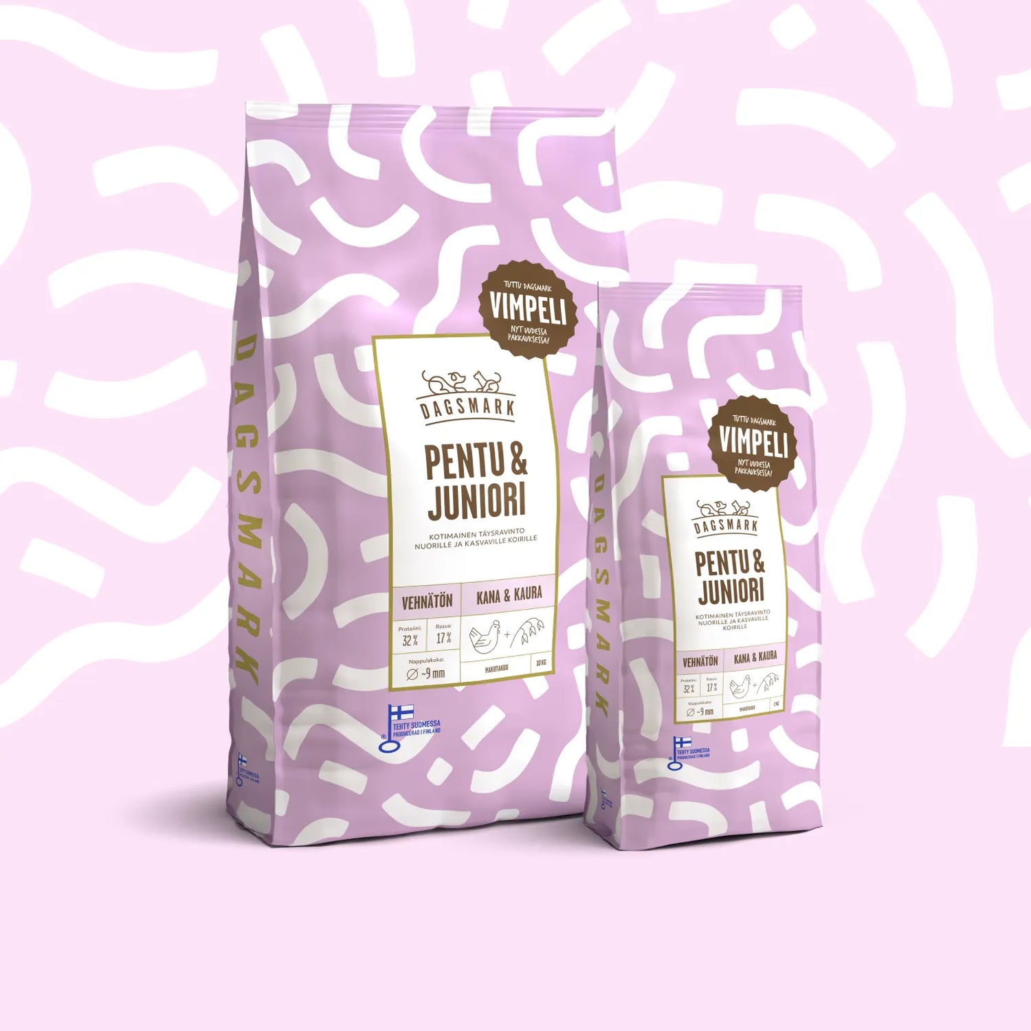 Pakkauskuvassa koirien kuivaruoka oennuille Pentu & Juniori 2 kg ja 10 kg pakkauksissa.