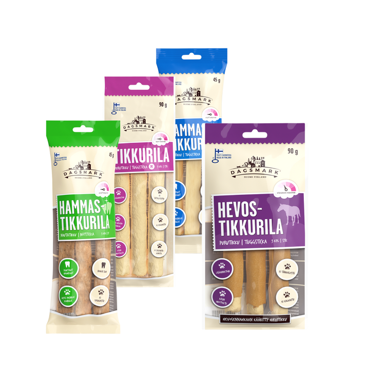 TIKKURILA tuoteperheen pakkaukset ryhmäkuvassa: Hammastikkurila S nauta, Rouhetikku hirvi M, Hammastikkurila S riista ja Hevostikkurila. 
