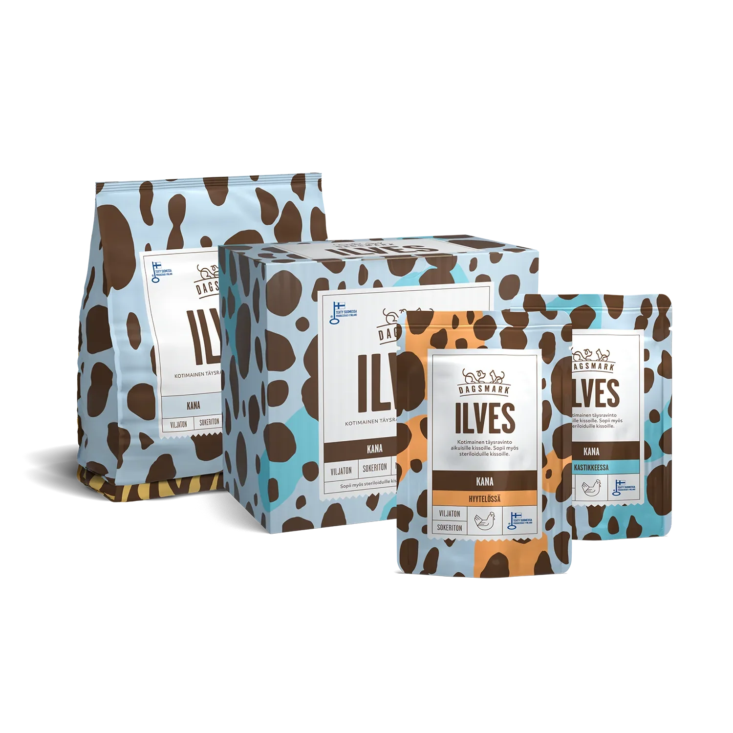 Dagsmark Ilves kissanruokaperhe: kuivaruoka, märkäruoan monipakkaus ja anniospussi.