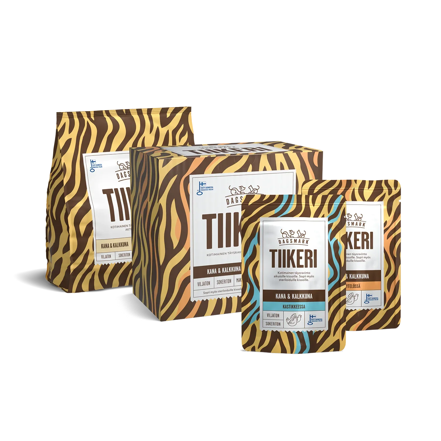 Dagsmark Tiikeri kissanruokaperhe: kuivaruoka, märkäruoan monipakkaus ja annospussi.