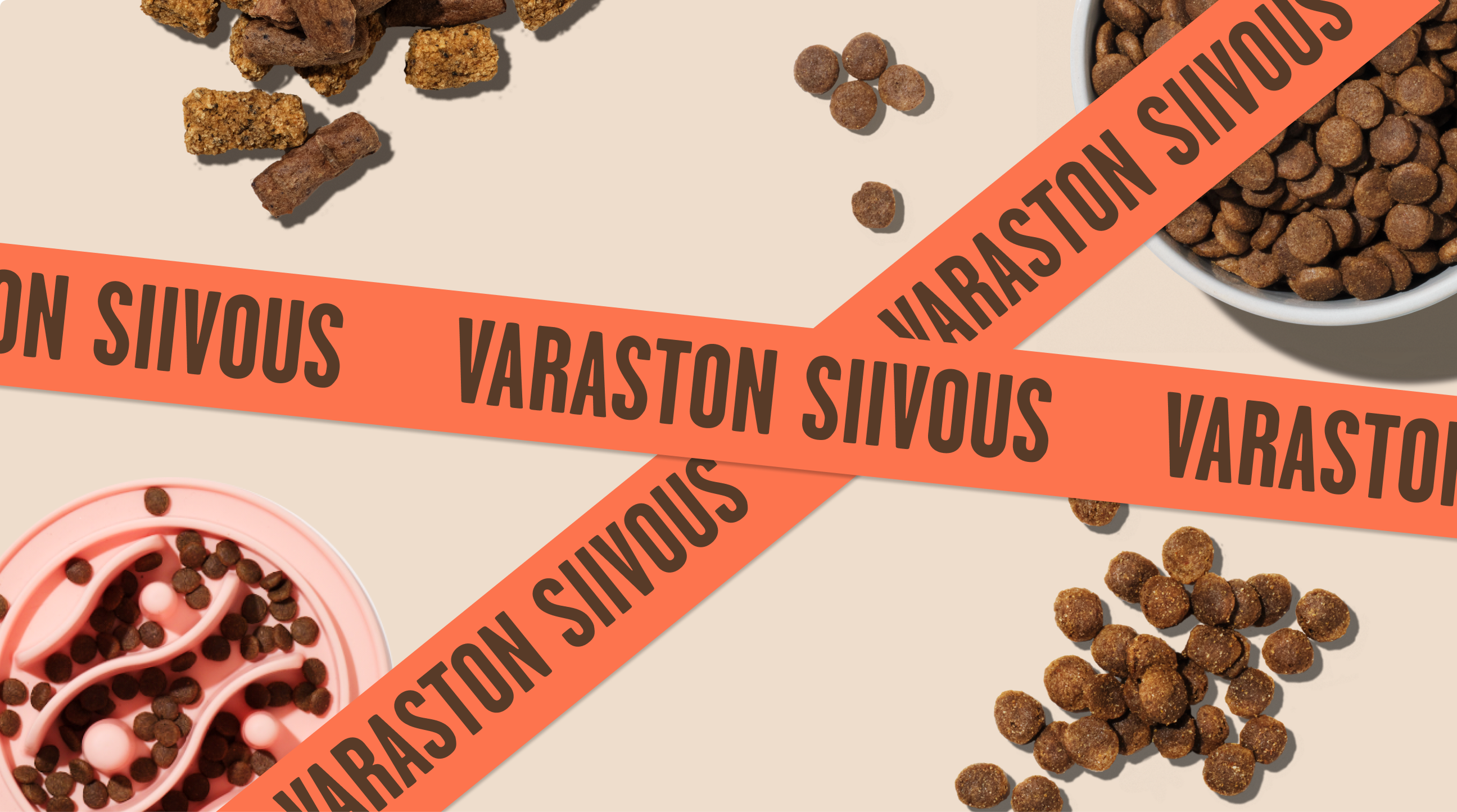 Varaston siivouksen mainosbanneri, jossa kuivaruokanappuloita irrallaan ja kupissa.