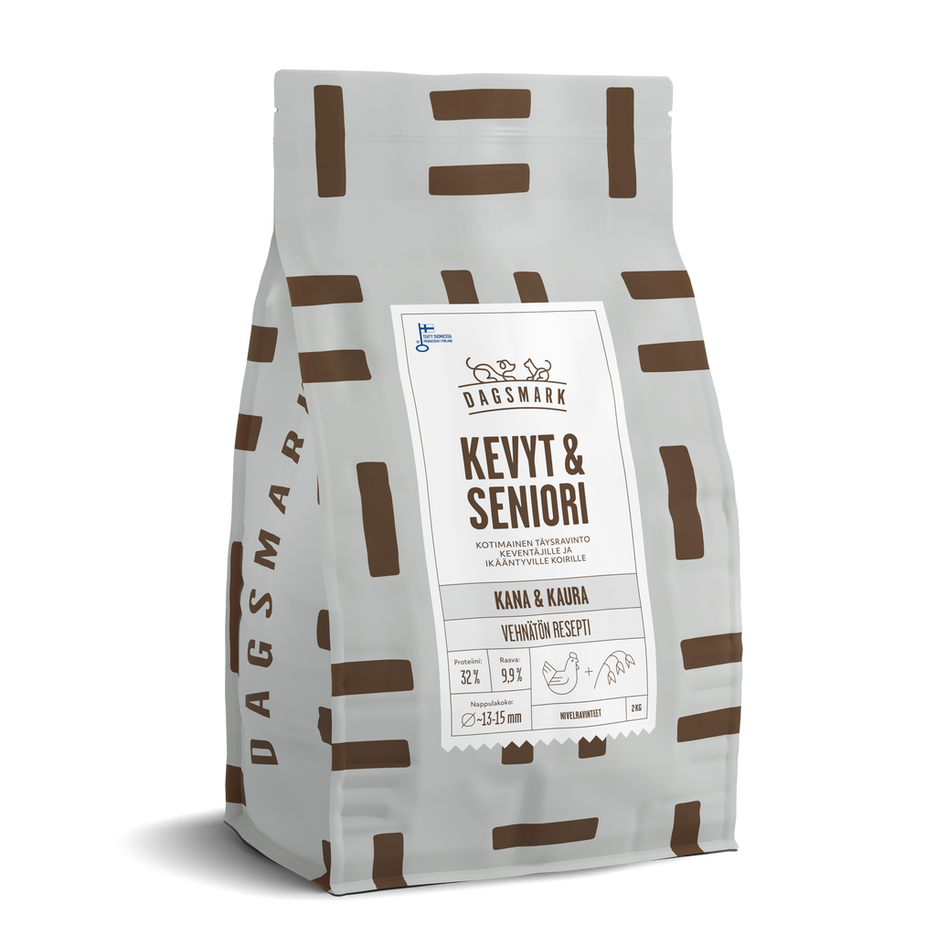 UUSI Dagsmark KEVYT & SENIORI  vehnätön kana-kaura koiran kuivaruoka 2 kg