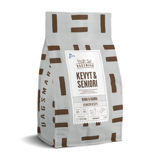 UUSI Dagsmark KEVYT & SENIORI  vehnätön kana-kaura koiran kuivaruoka 2 kg