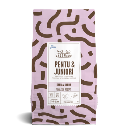 Uusi Dagsmark PENTU & JUNIORI vehnätön kana-kaura koiran kuivaruoka