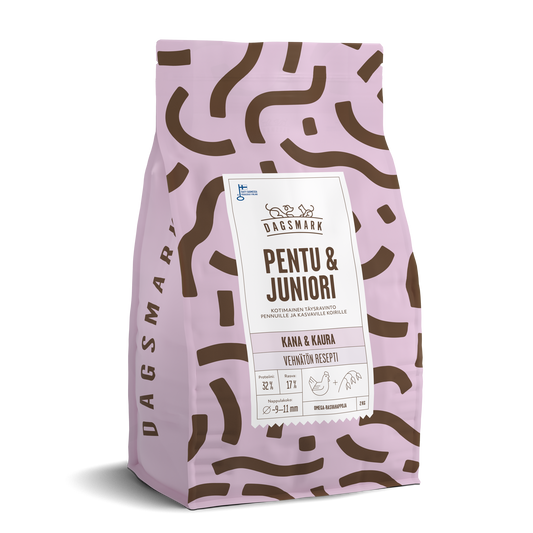 Uusi Dagsmark PENTU & JUNIORI vehnätön kana-kaura koiran kuivaruoka