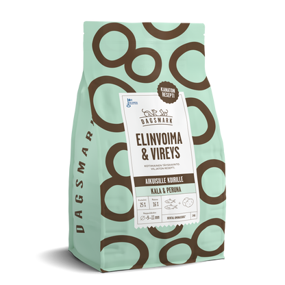 Uusi Dagsmark Elinvoima & Vireys viljaton kala koiran kuivaruoka 2 kg