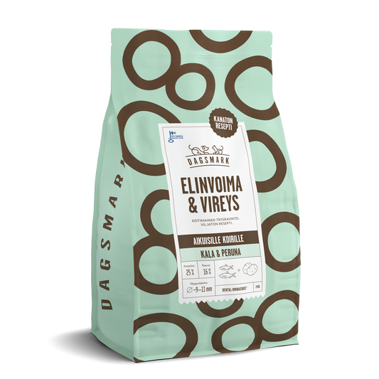 Uusi Dagsmark Elinvoima & Vireys viljaton kala koiran kuivaruoka 2 kg