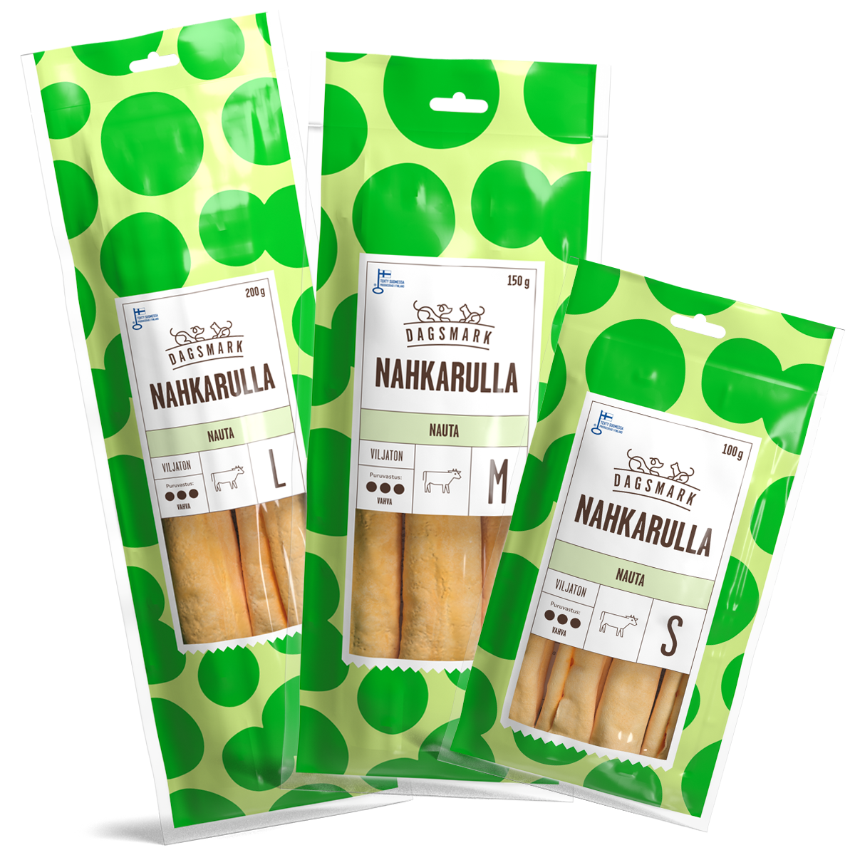 Dagsmark Nahkarulla nauta L, M ja S tuotteiden uudet pakkaukset. 