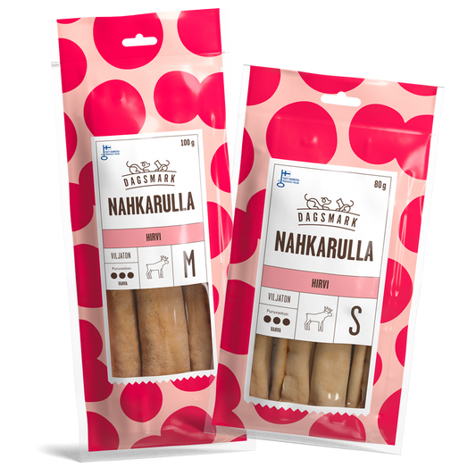 Dagsmark Nahkarulla hirvi M ja S tuotteiden uudet pakkaukset. 