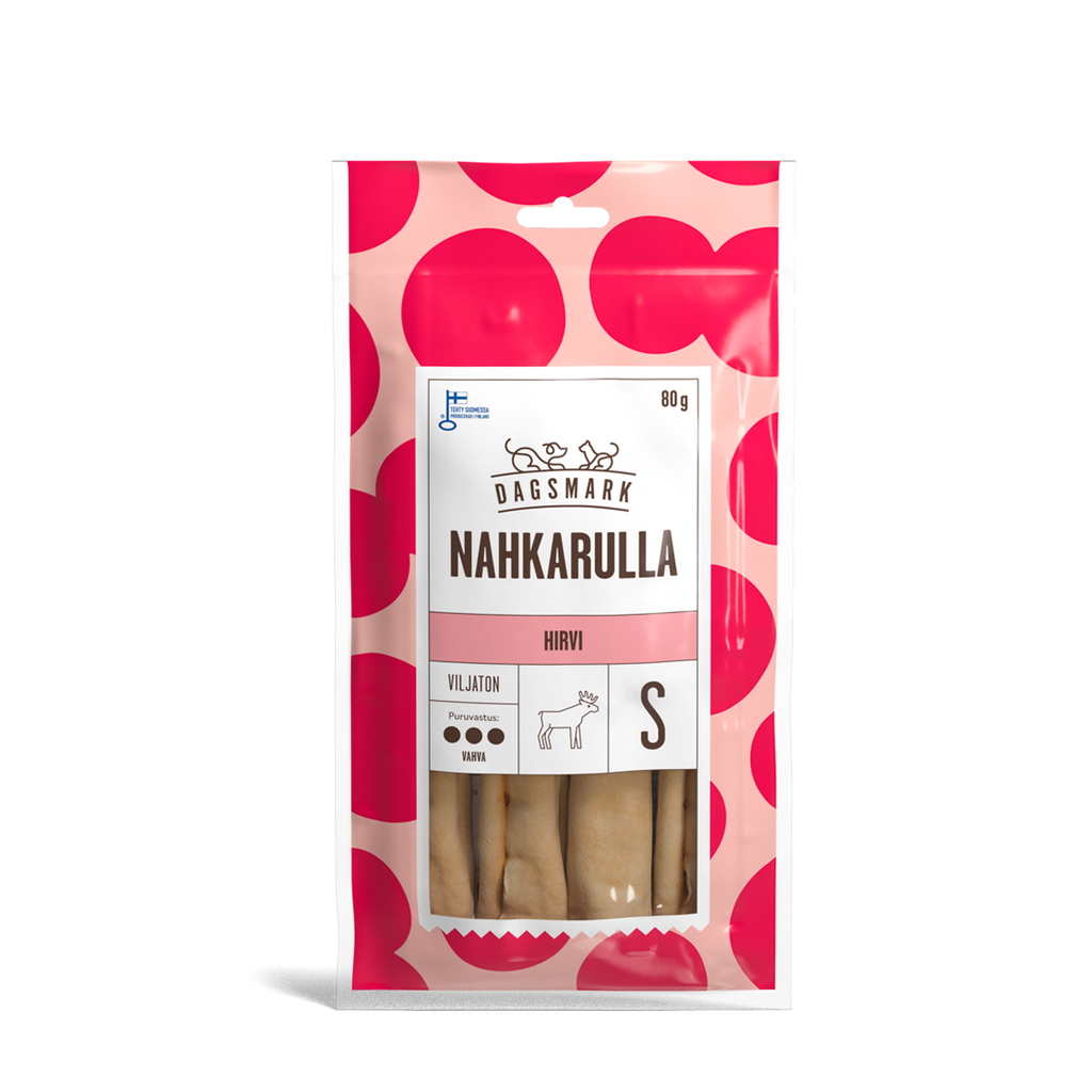 Dagsmark Nahkarulla hirvi S tuotteen uusi pakkaus.