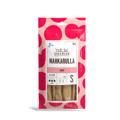 Dagsmark Nahkarulla hirvi S tuotteen uusi pakkaus.
