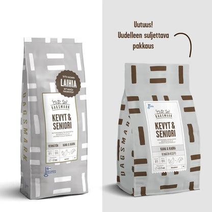 UUSI Dagsmark KEVYT & SENIORI  vehnätön kana-kaura koiran kuivaruoka 2 kg