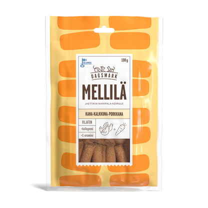 Dagsmark Mellilä koiranherkut Kana-kalkkuna-porkkana uudessa pakkauksessa