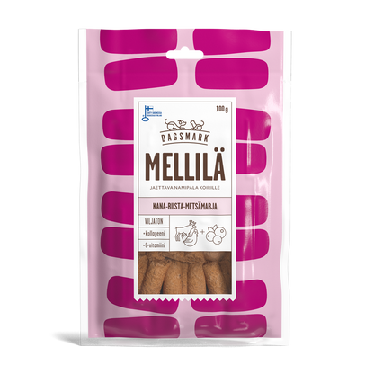 Dagsmark Mellilä koiranherkut Kana-riista-metsämarja uudessa pakkauksessa
